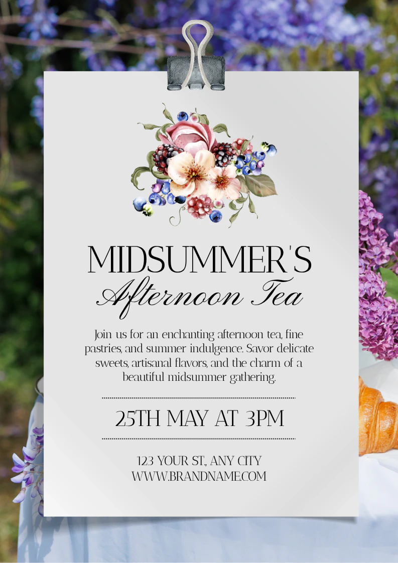 Purple and Pink Elegant and Sophisticated Midsummer's Afternoon Tea Promotional Flyer A4 Portrait