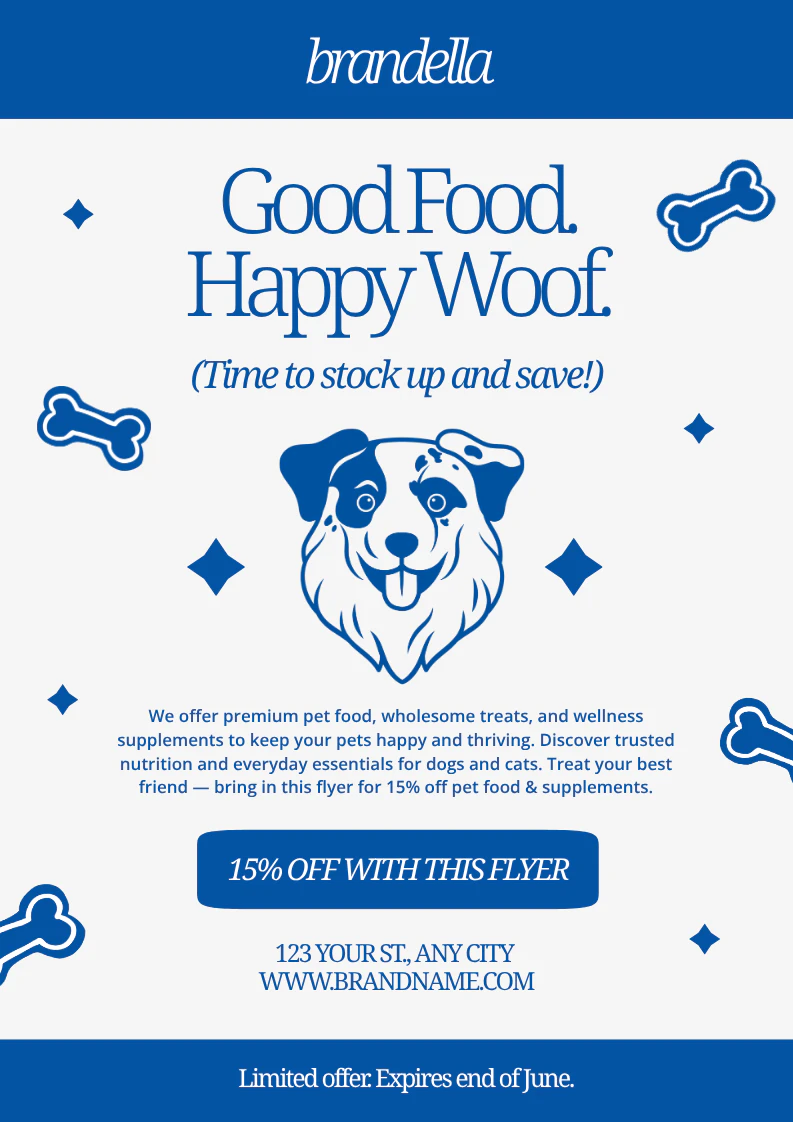 Grey and Blue Modern and Stylish Dog Treat Promotional Offer Flyer A4 Portrait