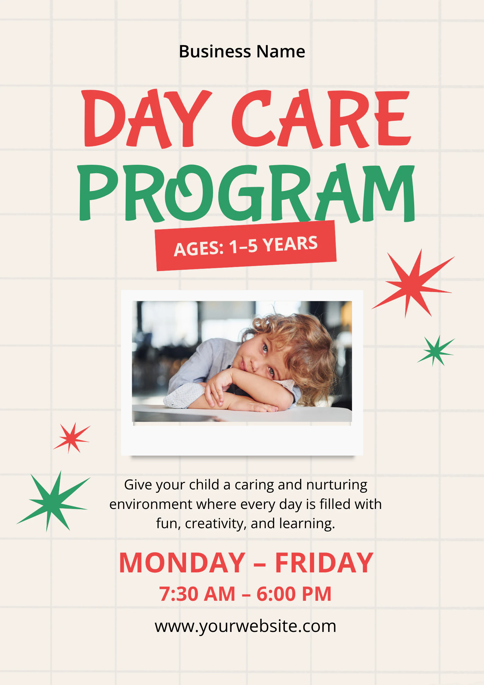 Red and Green Playful Day Care Program Poster A2 Portrait