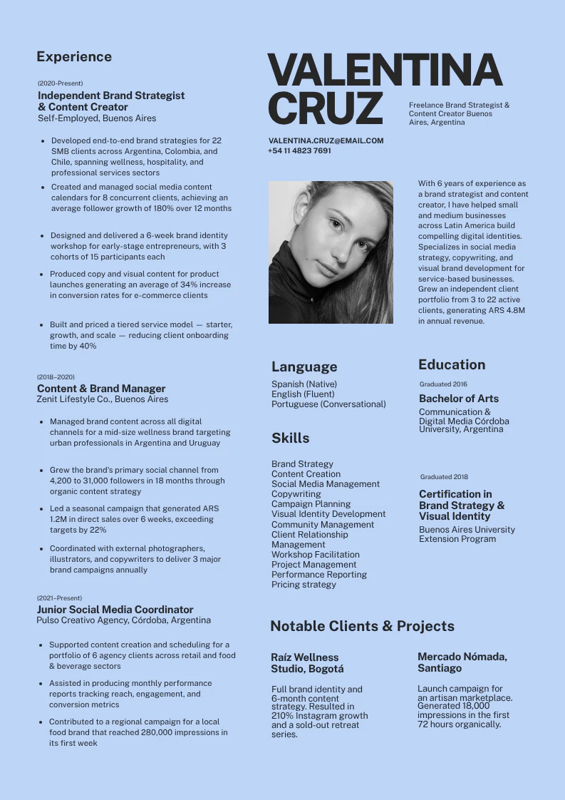Blue and Black Modern Minimalist Brand Strategist Resume A4 Portrait