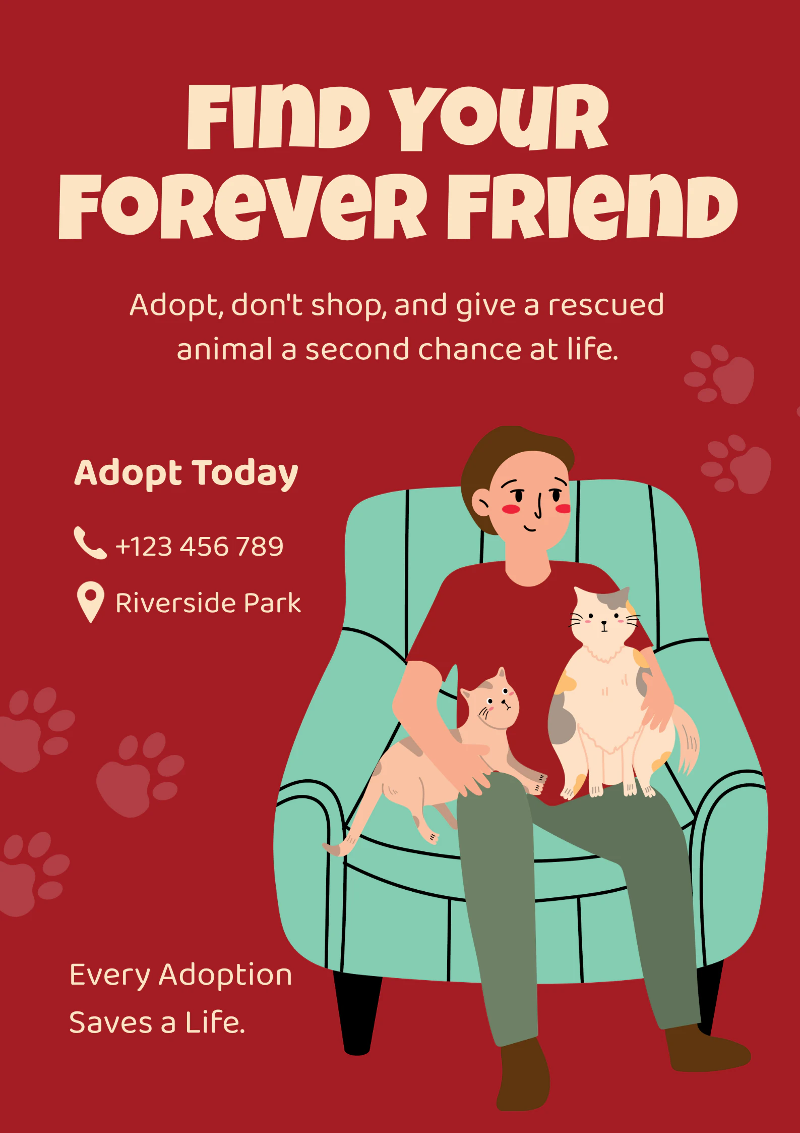 Red Illustrated Pet Adoption Awareness Poster A2 Portrait
