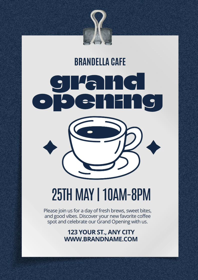 Blue and White Modern and Stylish Grand Opening Coffee House Flyer A4 Portrait