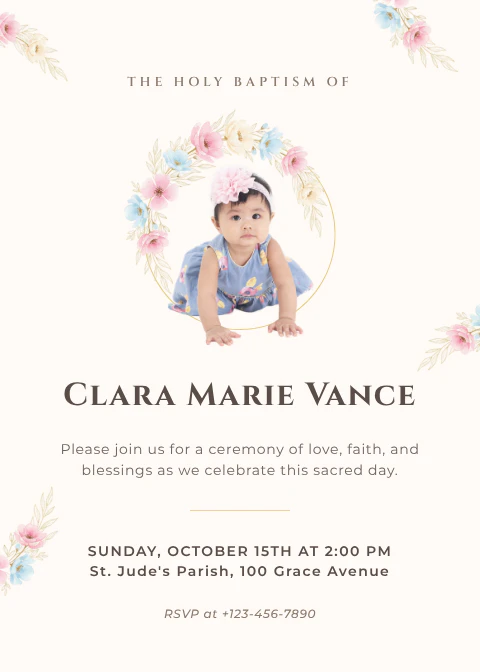 Floral Photo Minimal Frame Baptism Invitation Portrait