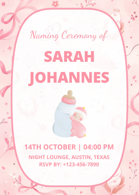 Pink Cute Cat Naming Ceremony Invitation Portrait