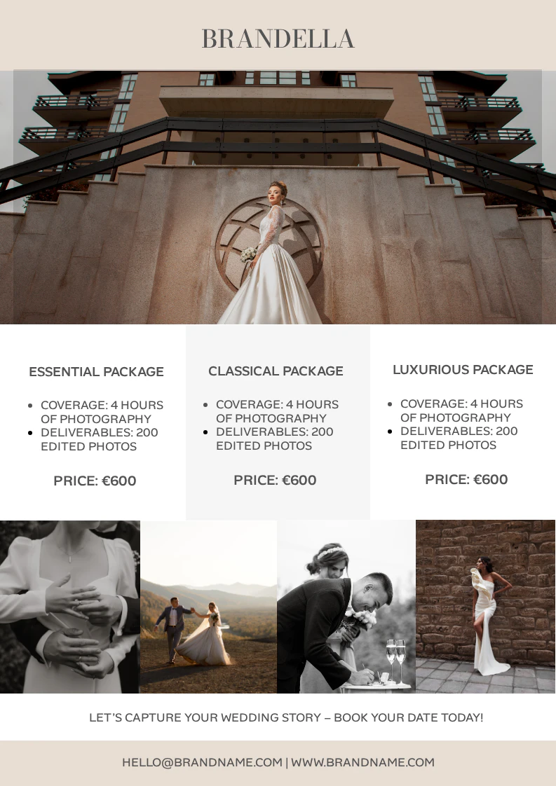 Brown and Cream Elegant and Sophisticated Wedding Photography Services Promotional A4 Flyer