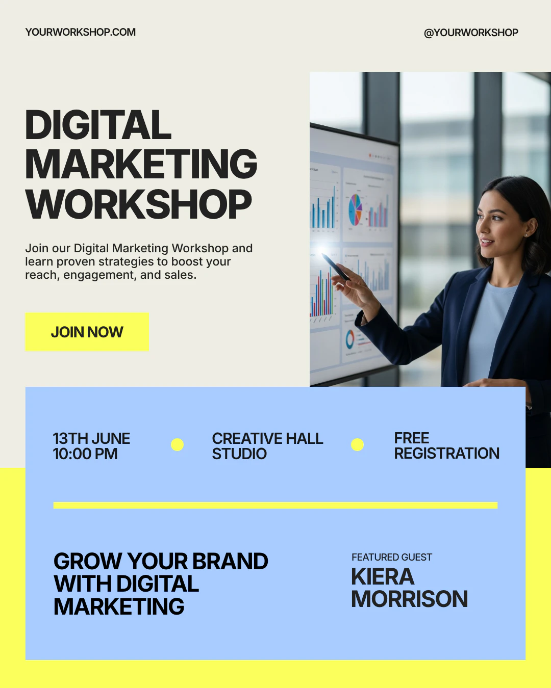 Blue and Yellow Modern Minimalist Digital Marketing Workshop Instagram Post Ad