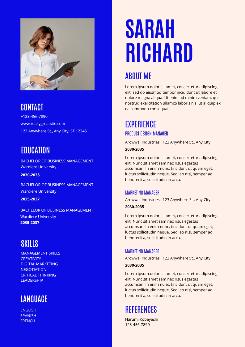Blue and Beige Modern and Professional Resume A4 Portrait