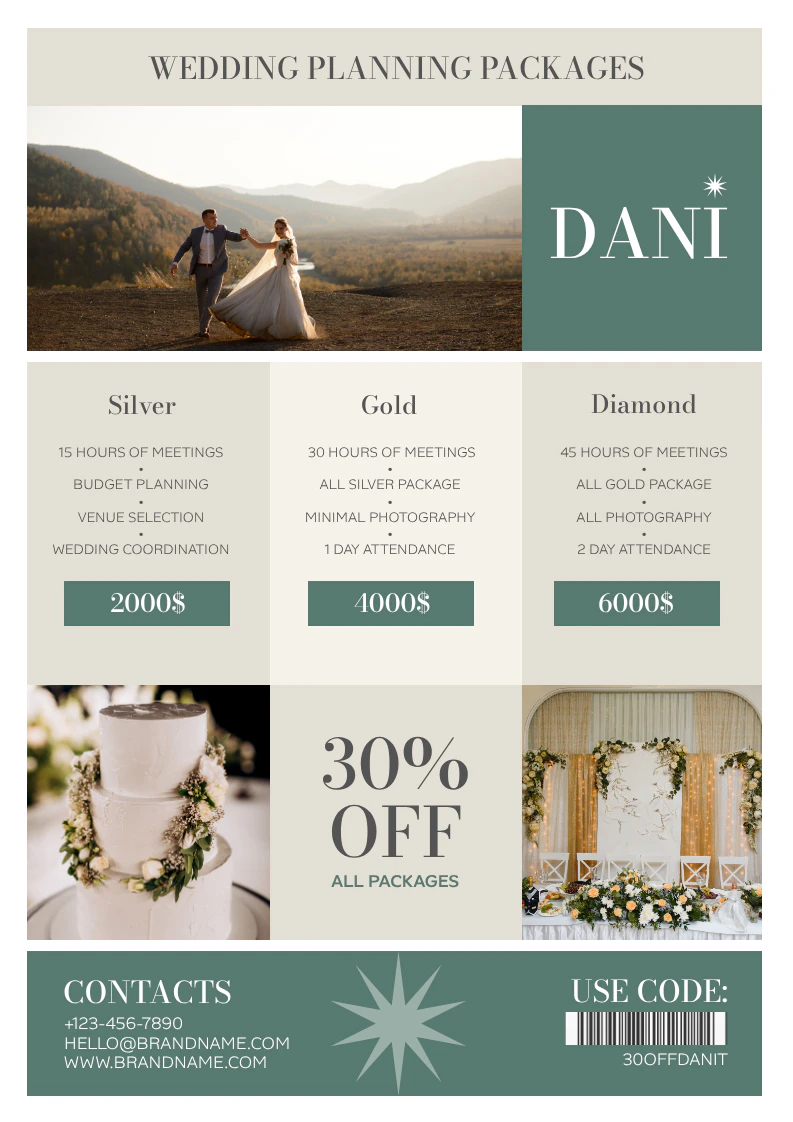 Dark Mint and White Elegant and Modern Wedding Planning Services List A4 Promotional Flyer